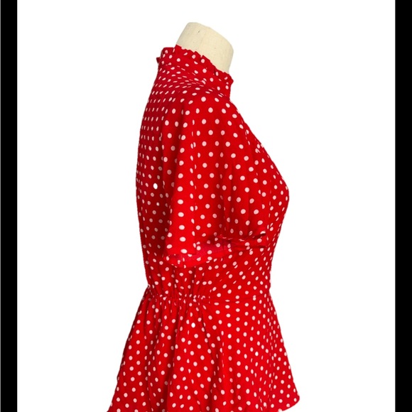 Monteau Top Women’s Small Fit and Flare Peplum Faux Wrap Red White Polka Dot New - Picture 2 of 7